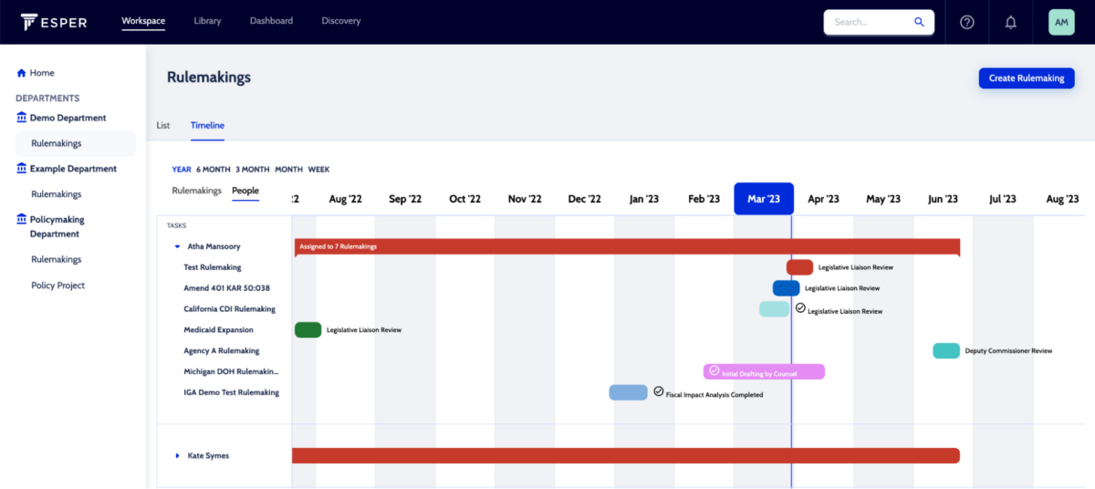 Esper policy management software for government provides a timeline view of tasks based on rulemaking and people