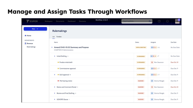 Screenshot of the Esper platform rulemaking workflow dashboard